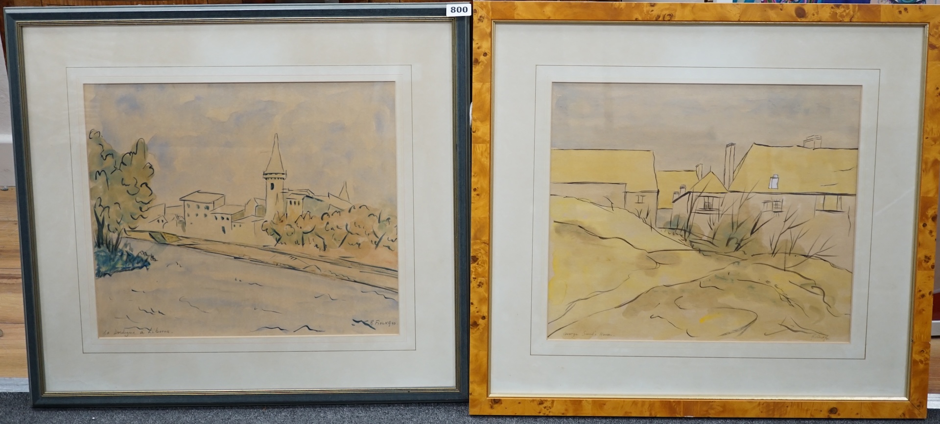 R. Fiolka, two ink and watercolours, 'George Sands’ House', signed and dated ‘90 and 'La Dordogne à Liborne', signed and dated ’90, largest 34 x 39cm. Condition - fair to good, some discolouration